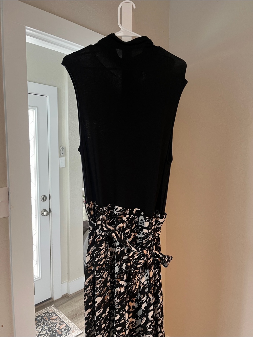 Jennifer Lopez Sleeveless Tie Waist Wide Leg Jumpsuit Black Ivory Animal Print